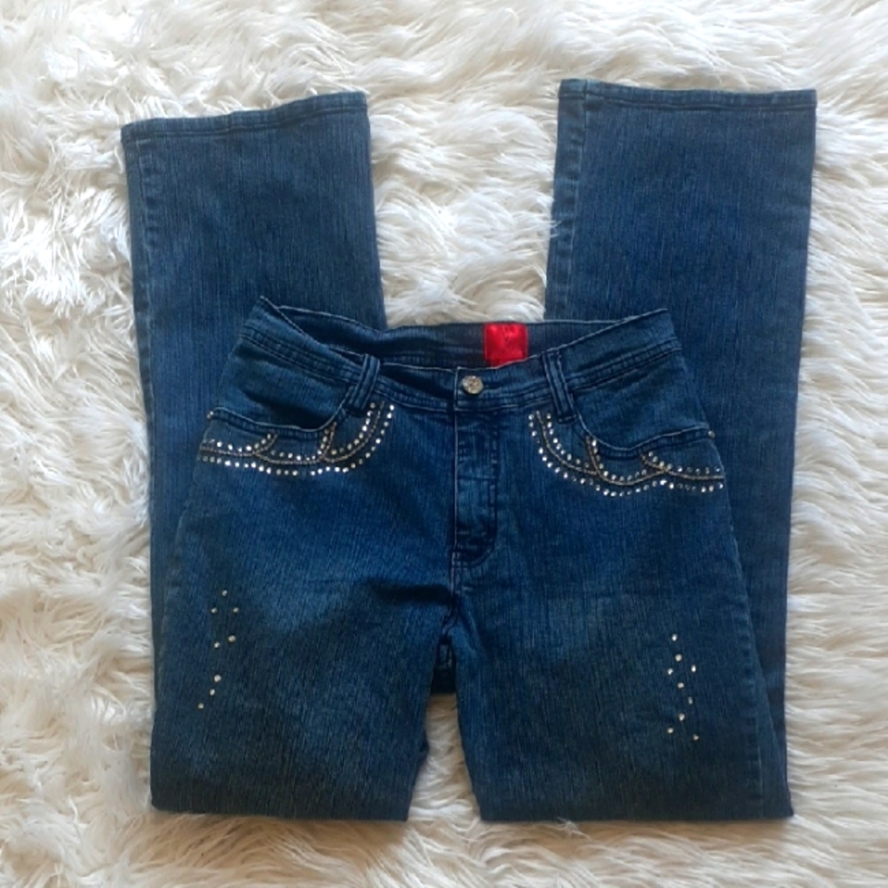 Very Vera Y2K 90s Embellished Rhinestone Blue Denim Bootcut Jeans Size 4P